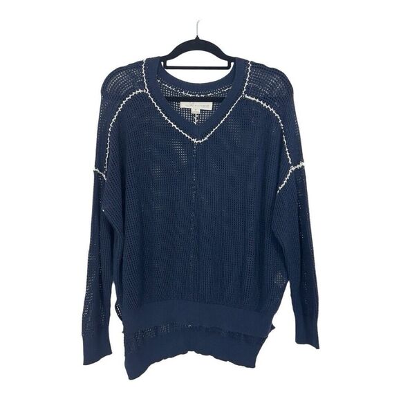 Vintage Havana Size M Lightweight Open Weave Navy V Neck Sweater White Stitching - Picture 1 of 4